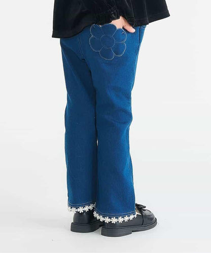 內加絨愛心・花朵口袋喇叭褲 十分褲