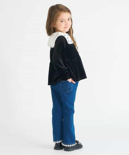 內加絨愛心・花朵口袋喇叭褲 十分褲