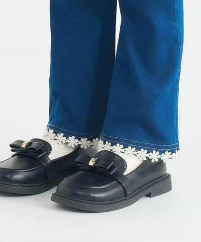 內加絨愛心・花朵口袋喇叭褲 十分褲