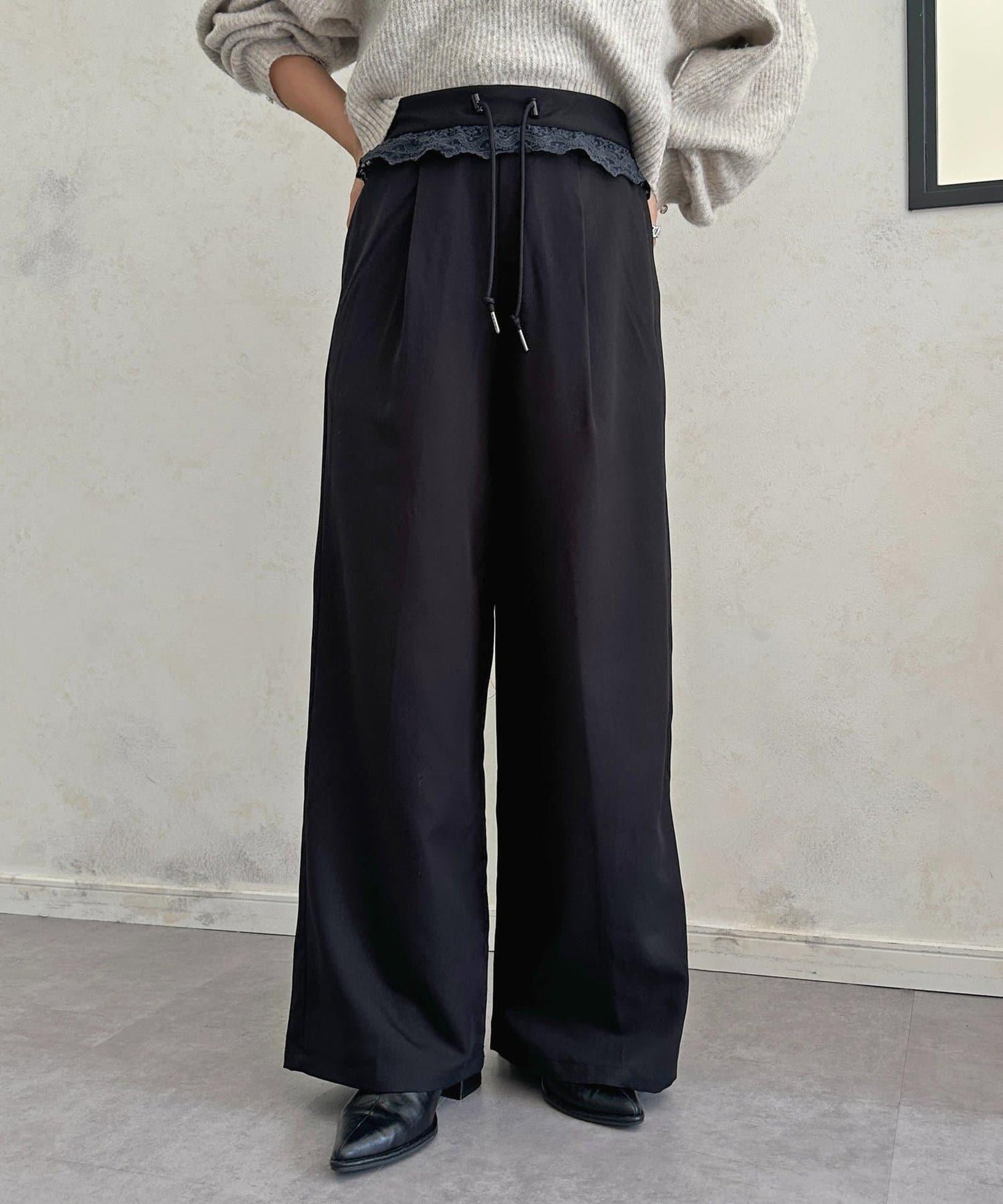 高腰蕾絲褶皺長褲