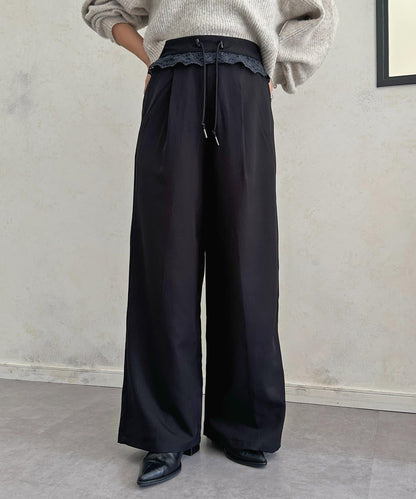 高腰蕾絲褶皺長褲