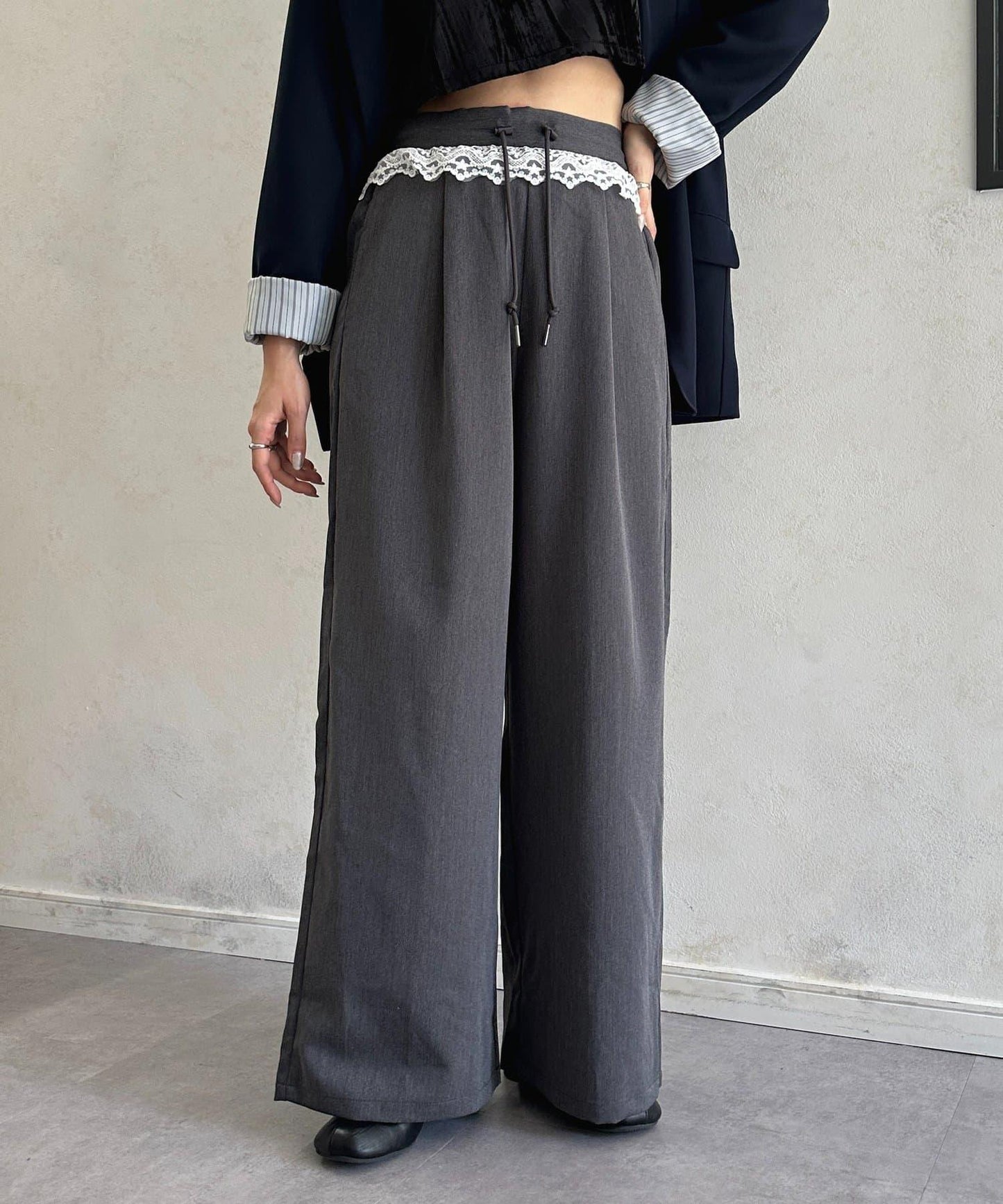 高腰蕾絲褶皺長褲