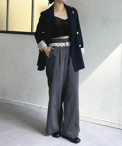 高腰蕾絲褶皺長褲