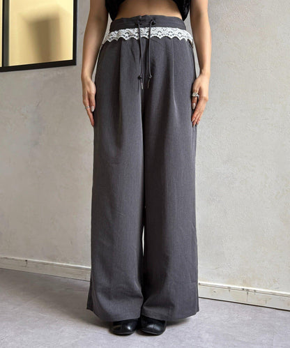 高腰蕾絲褶皺長褲