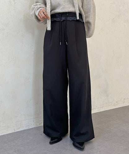 高腰蕾絲褶皺長褲