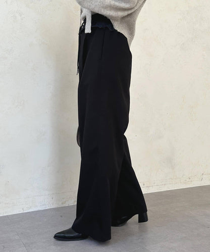 高腰蕾絲褶皺長褲