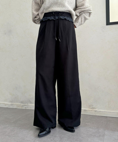 高腰蕾絲褶皺長褲