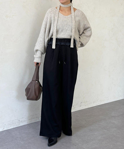 高腰蕾絲褶皺長褲