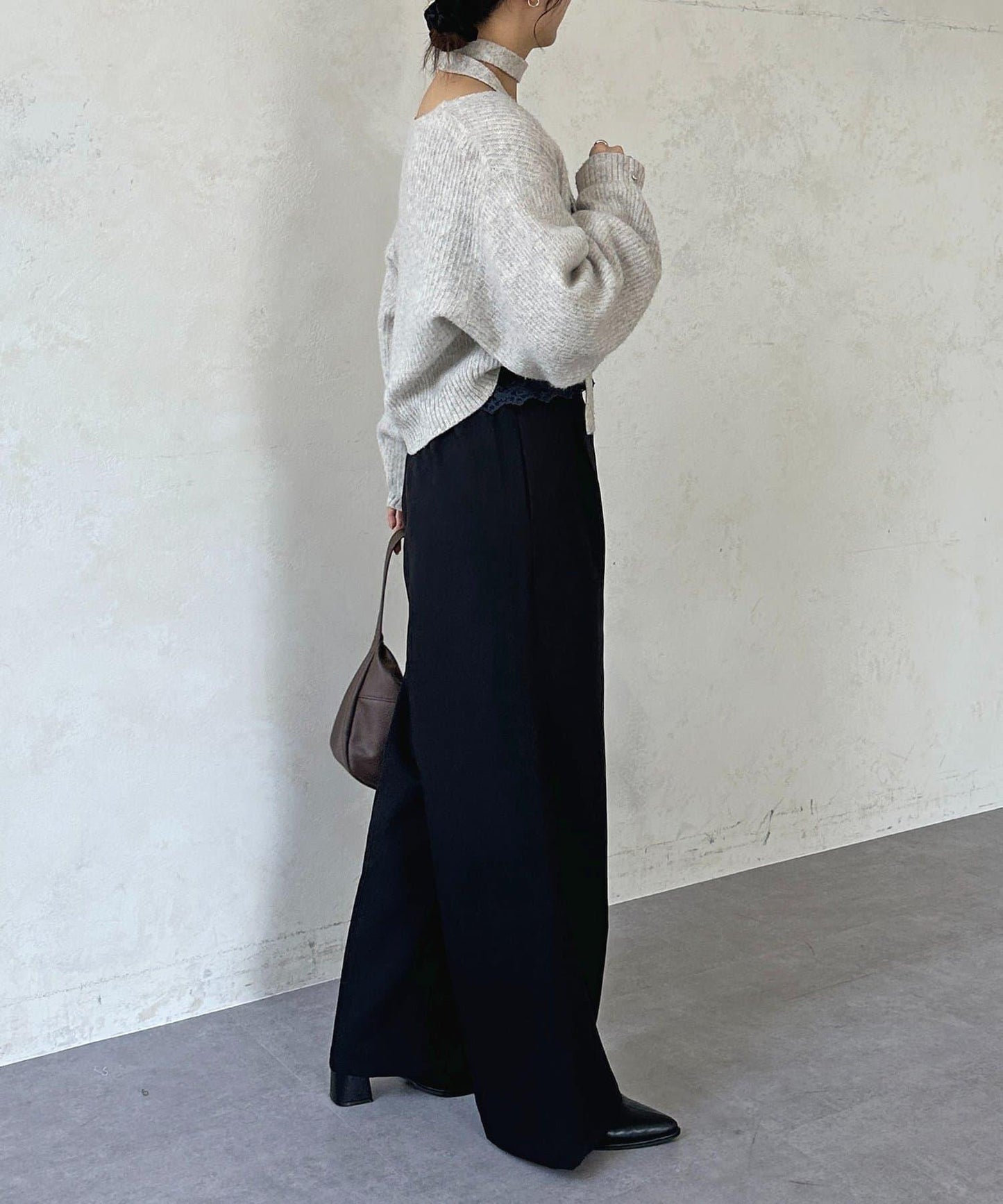 高腰蕾絲褶皺長褲