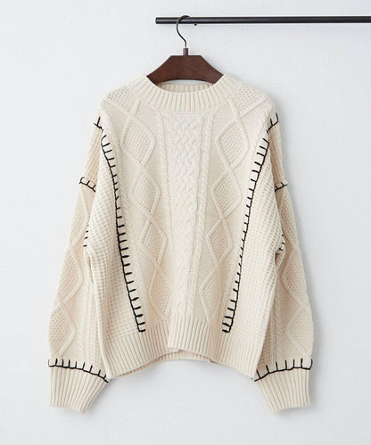 毯邊縫線麻花針織套頭衫