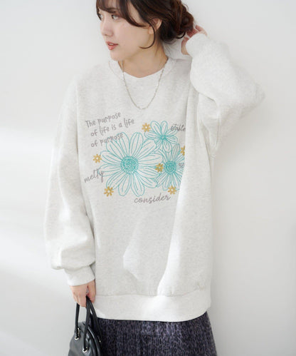 花卉與標誌拼接加絨套頭衫
