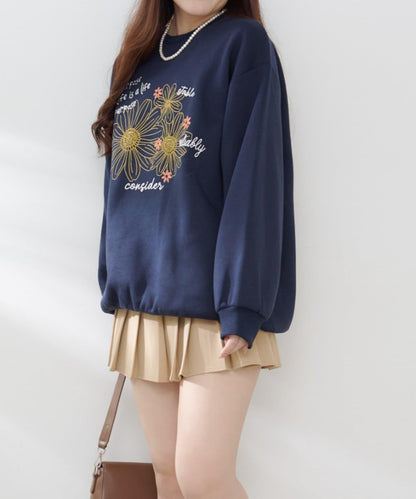 花卉與標誌拼接加絨套頭衫