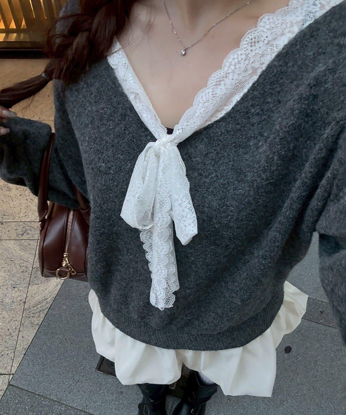 【Ribbon Collection】蕾絲拼接泡泡袖迷你連衣裙