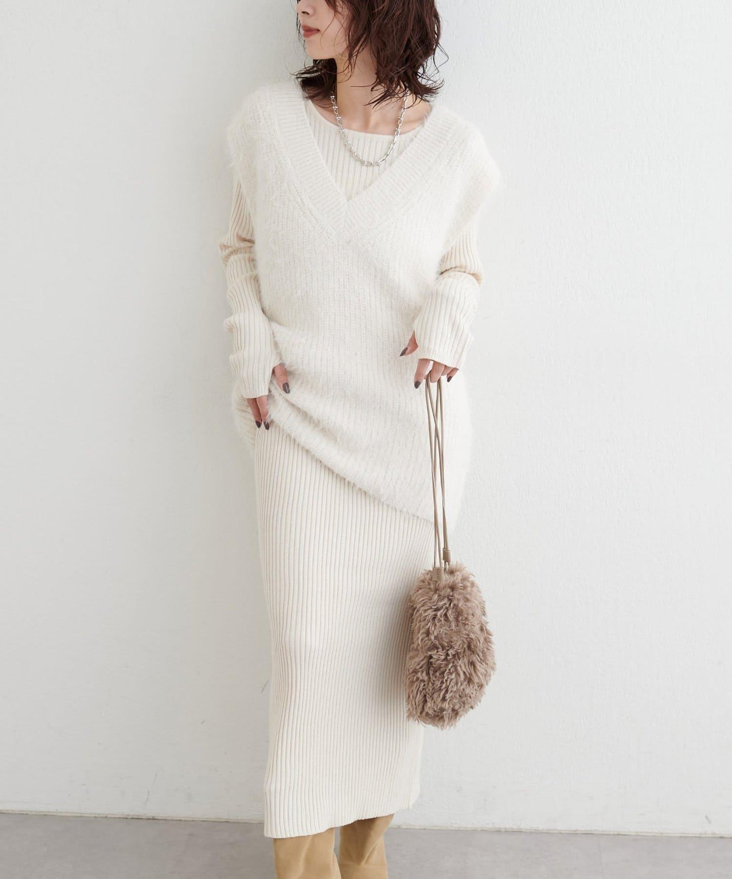 【S碼終於開售！】可選羅紋針織連衣裙×羽毛馬甲套裝