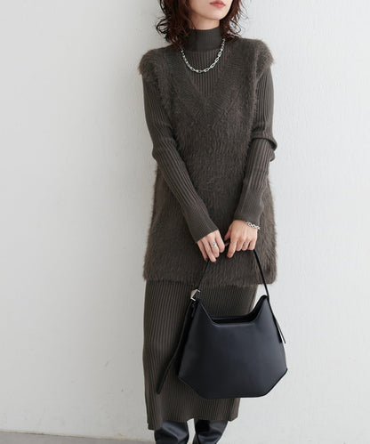 【S碼終於開售！】可選羅紋針織連衣裙×羽毛馬甲套裝