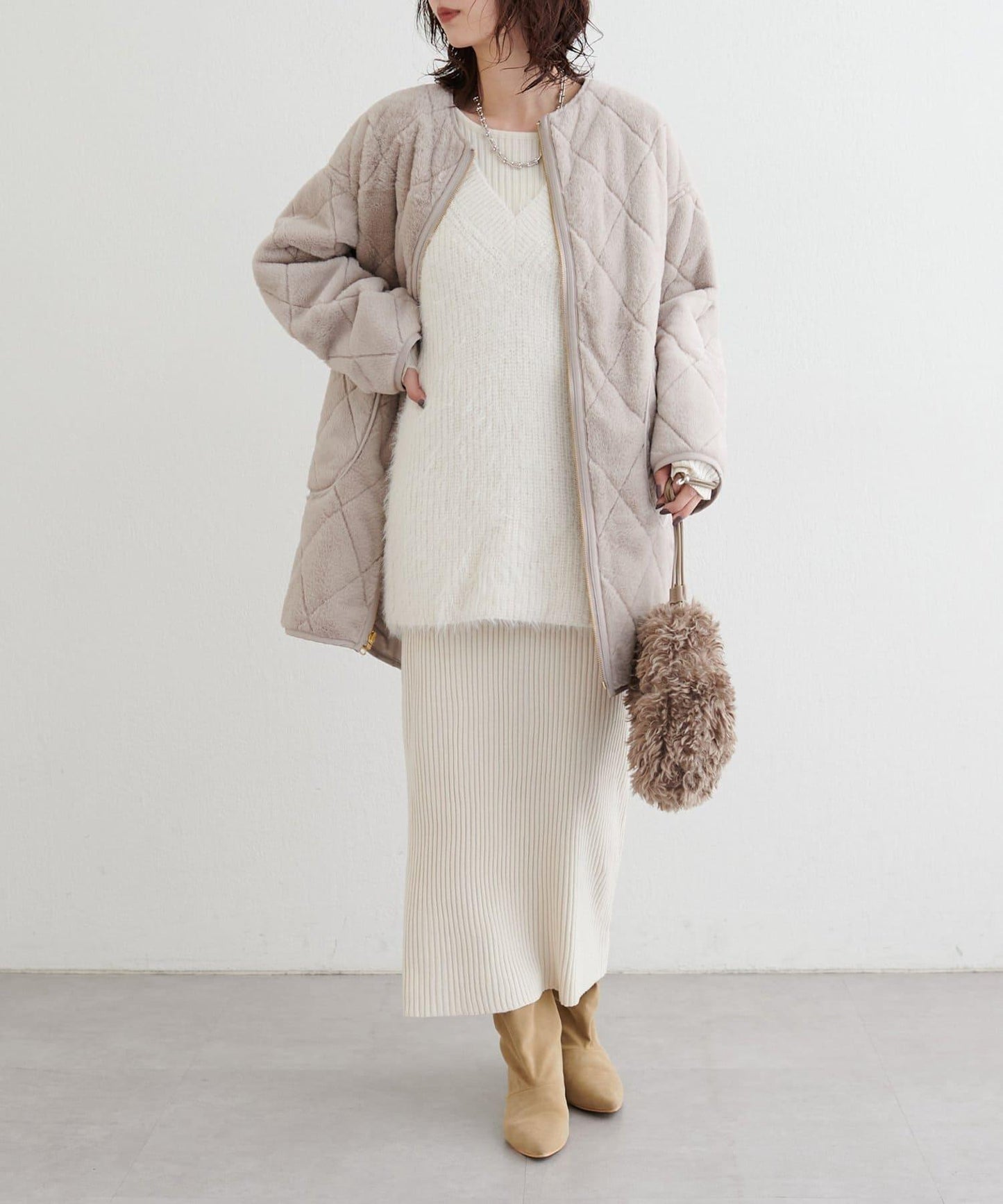 【S碼終於開售！】可選羅紋針織連衣裙×羽毛馬甲套裝