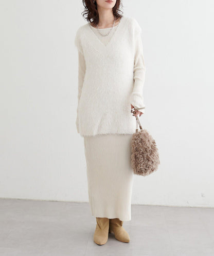 【S碼終於開售！】可選羅紋針織連衣裙×羽毛馬甲套裝