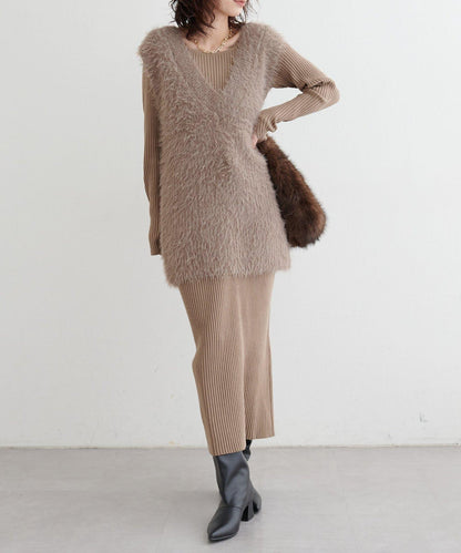 【S碼終於開售！】可選羅紋針織連衣裙×羽毛馬甲套裝