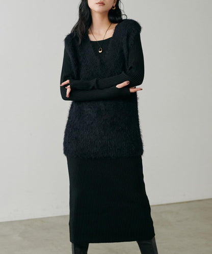 【S碼終於開售！】可選羅紋針織連衣裙×羽毛馬甲套裝