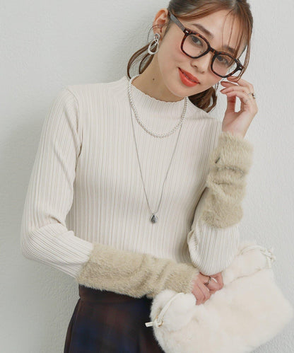 袖部毛絨拼接不規則羅紋針織衫