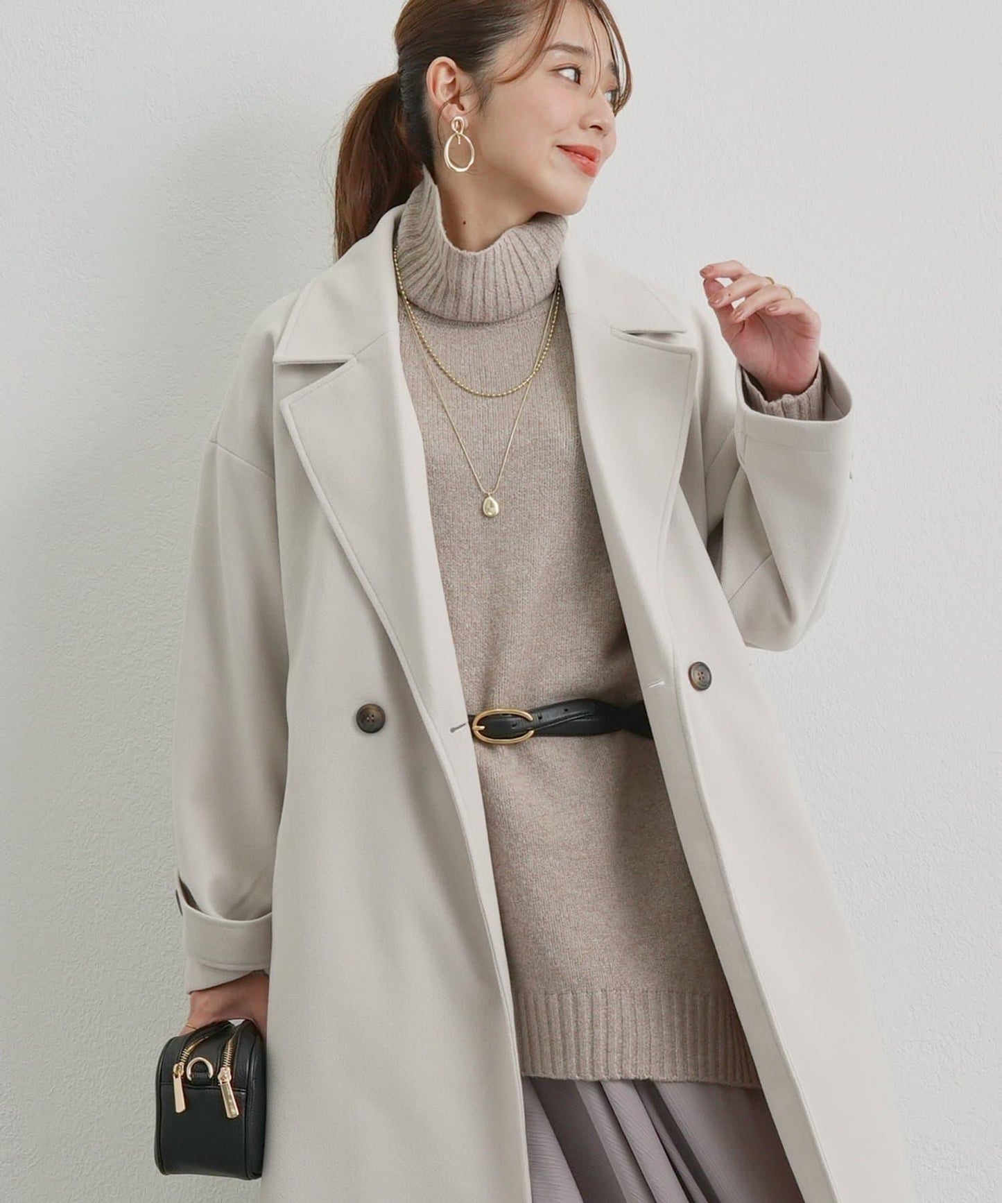 高搭配性羊毛風高領針織長款上衣