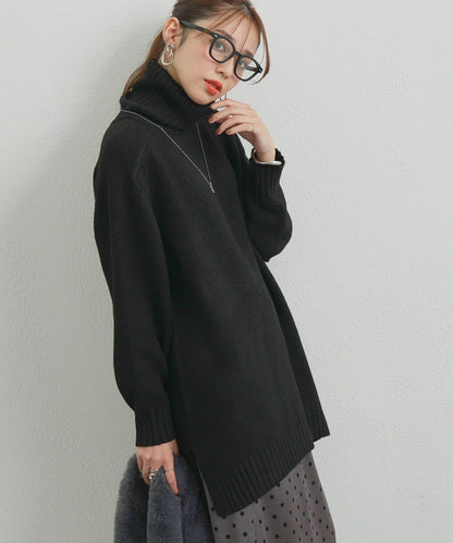 高搭配性羊毛風高領針織長款上衣