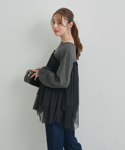 大人甜美風格拼接網紗套頭衫