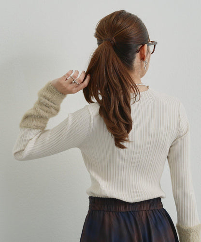 袖部毛絨拼接不規則羅紋針織衫