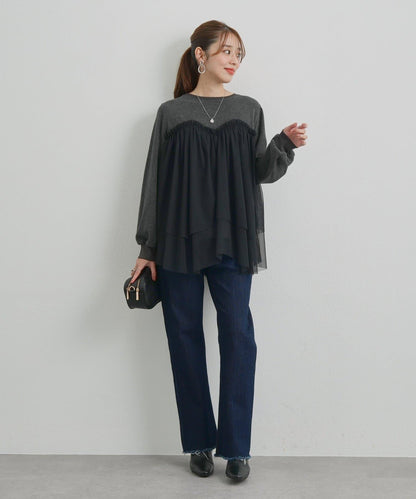 大人甜美風格拼接網紗套頭衫