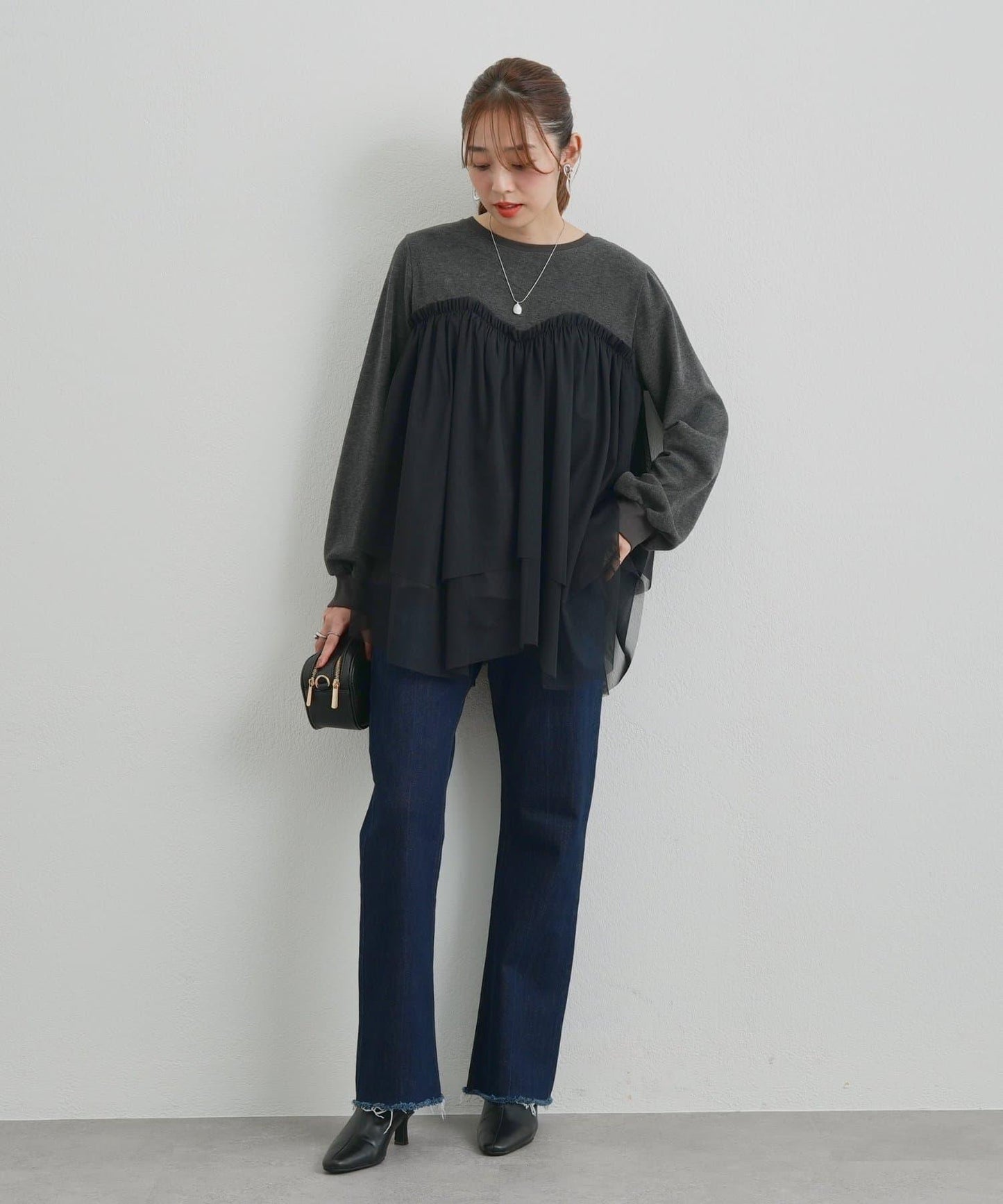 大人甜美風格拼接網紗套頭衫