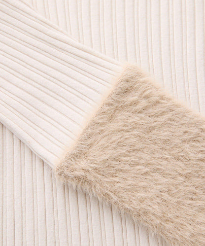 袖部毛絨拼接不規則羅紋針織衫