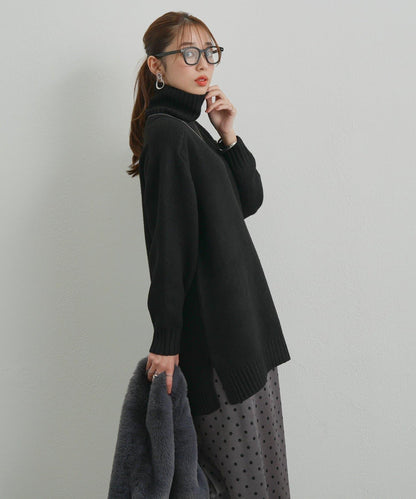 高搭配性羊毛風高領針織長款上衣