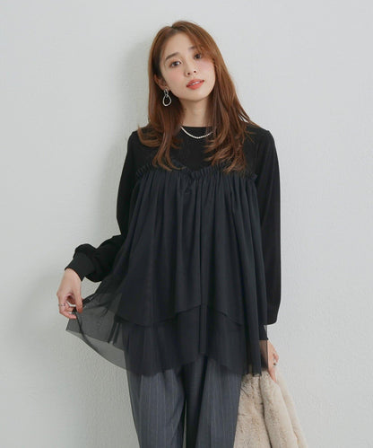 大人甜美風格拼接網紗套頭衫