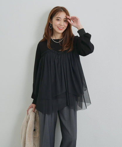 大人甜美風格拼接網紗套頭衫
