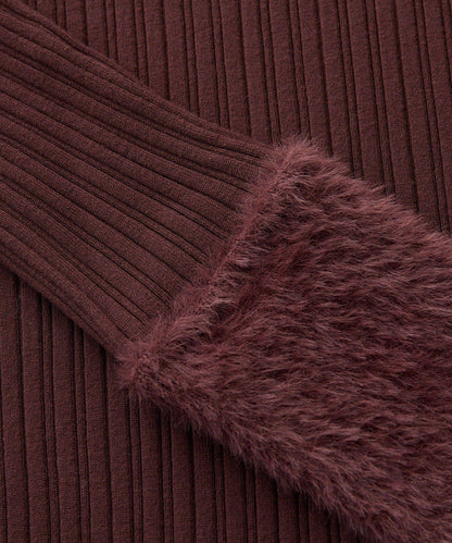 袖部毛絨拼接不規則羅紋針織衫