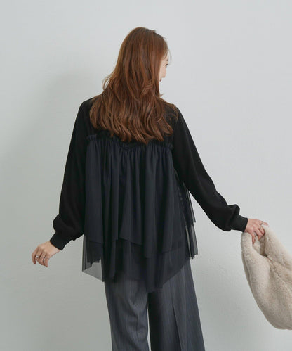 大人甜美風格拼接網紗套頭衫