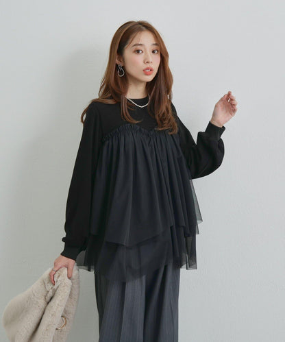 大人甜美風格拼接網紗套頭衫