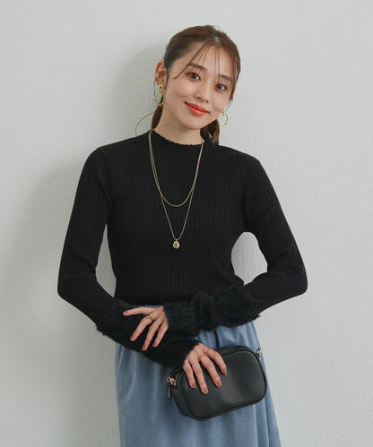 袖部毛絨拼接不規則羅紋針織衫