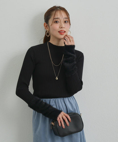 袖部毛絨拼接不規則羅紋針織衫