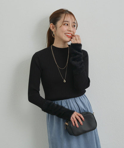 袖部毛絨拼接不規則羅紋針織衫