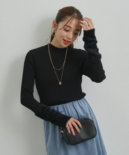 袖部毛絨拼接不規則羅紋針織衫