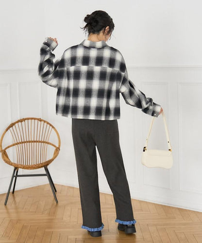 拼色下襬荷葉邊針織休閒褲