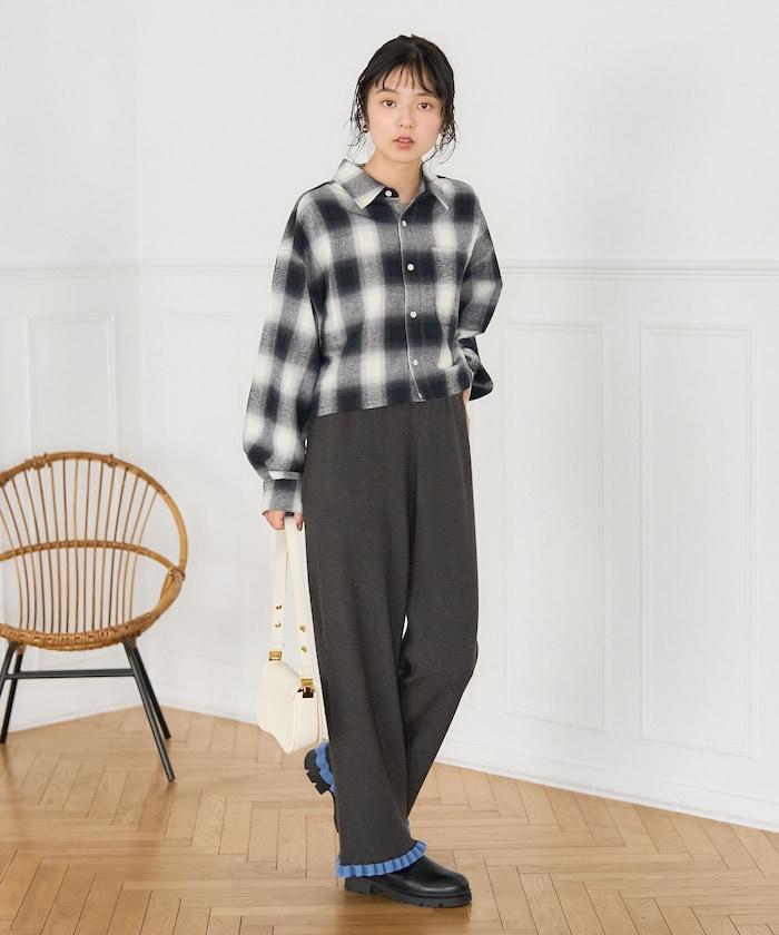 拼色下襬荷葉邊針織休閒褲