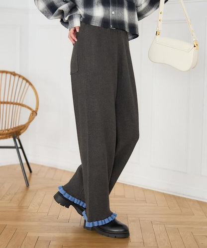 拼色下襬荷葉邊針織休閒褲