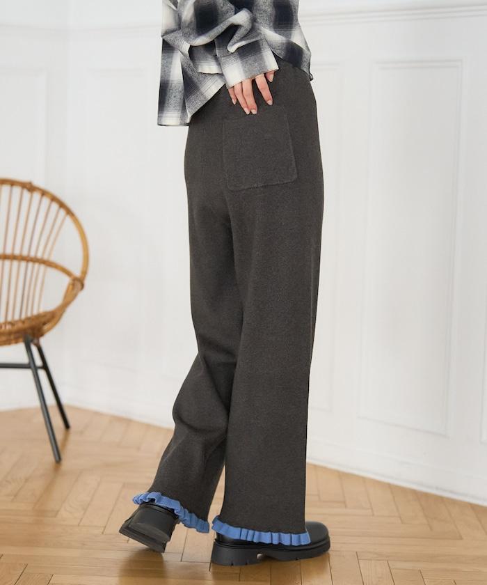 拼色下襬荷葉邊針織休閒褲