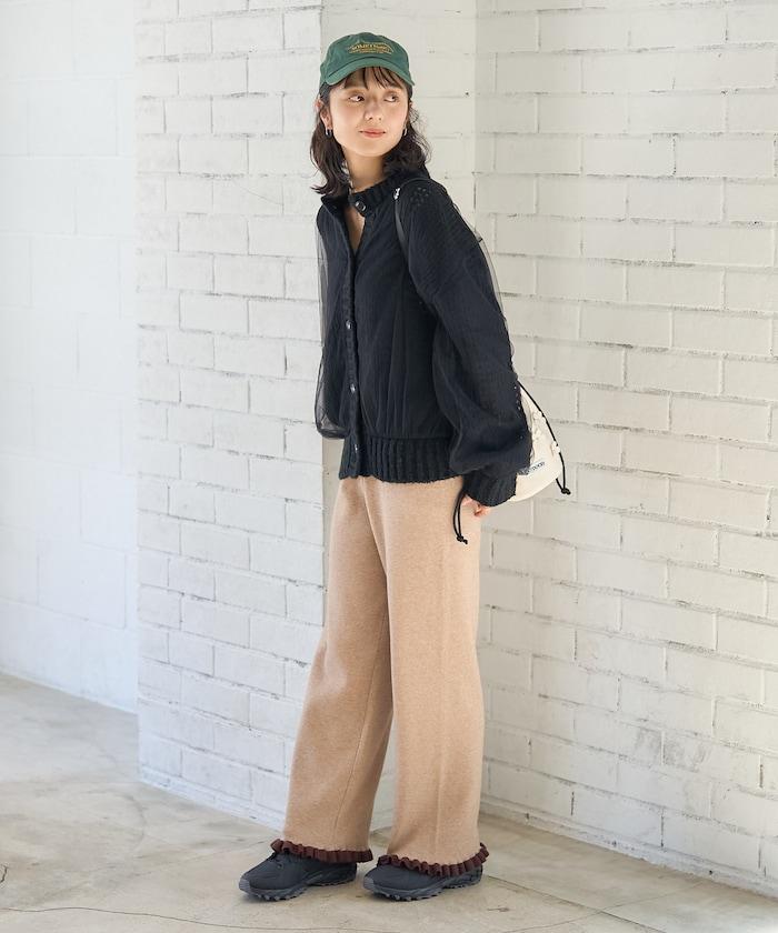 拼色下襬荷葉邊針織休閒褲