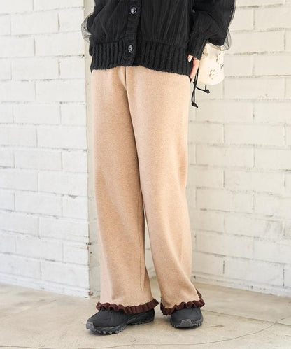 拼色下襬荷葉邊針織休閒褲