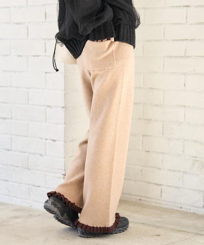 拼色下襬荷葉邊針織休閒褲