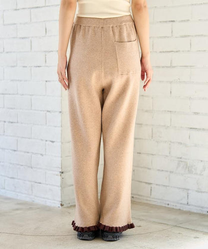 拼色下襬荷葉邊針織休閒褲