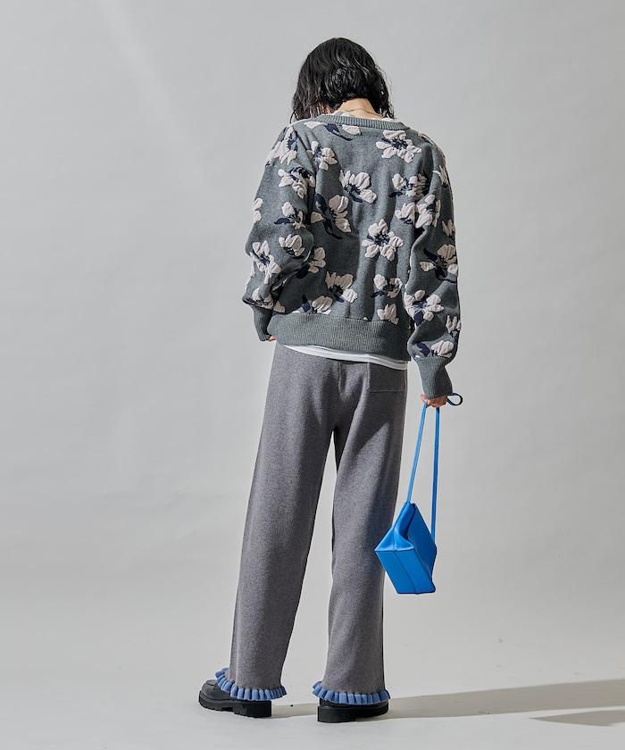 拼色下襬荷葉邊針織休閒褲